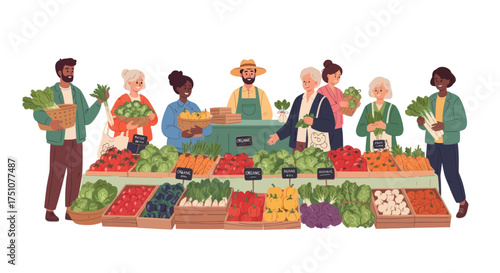 Diverse People Buying Fresh Produce at Bustling Outdoor Farmers Market Stall.