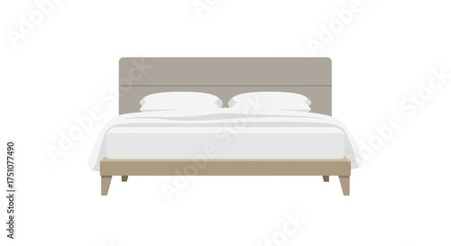 Modern upholstered bed with a tall headboard and crisp white linens.