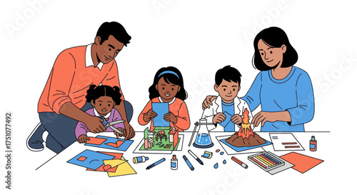 Diverse family engaging in a fun science experiment together at home.