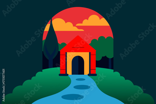 A landscape with a red building and a blue pathway on transparent background