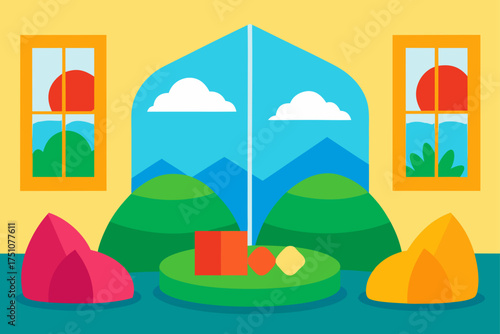 Colorful room with landscape view and beanbag chairs on transparent background