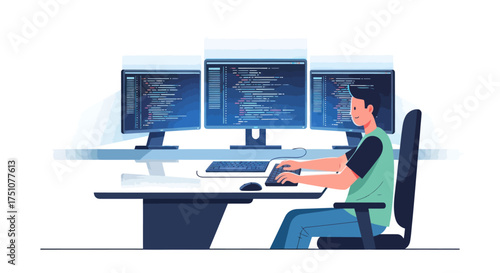 Programmer Working at Desk with Multiple Monitors Displaying Code.