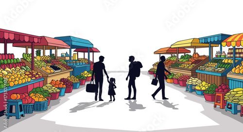 Silhouettes of people walking through a vibrant outdoor market with colorful stalls.