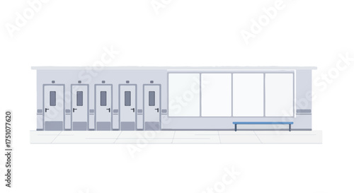 Stylized Vector Illustration Depicting a Row of Uniform Doors Alongside Large Windows and Seating Area in Muted Tones