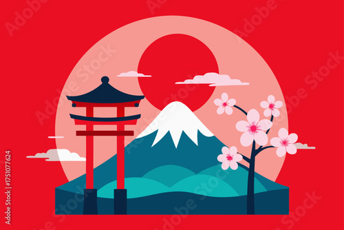 Japanese landscape with mountain and cherry blossom on transparent background