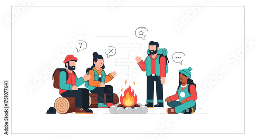 Diverse Friends Camping Around Campfire Illustration.