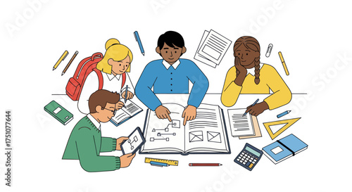 Group of Diverse Students Collaborating on Project Together.