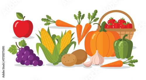 Vibrant assortment of fresh fruits and vegetables in a delightful cartoon style illustration for healthy recipes