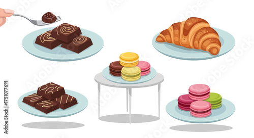 Assortment of delicious French pastries and chocolate desserts on plates.