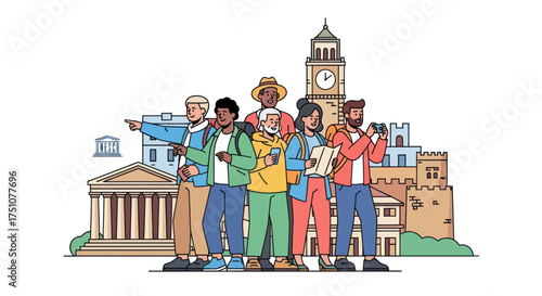 Diverse Group of Young Travelers Exploring Iconic Global City Landmarks Illustration.