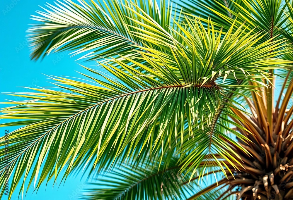 Fototapeta premium Fronds of a palm tree, swaying gently in the breeze, close up, design