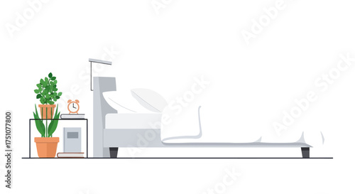 Minimalist bedroom scene with a bed nightstand and plants.