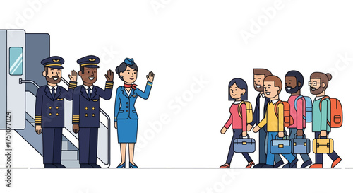 Airline Crew Welcoming Passengers: Illustration of Pilots Flight Attendant and Boarding Travelers.