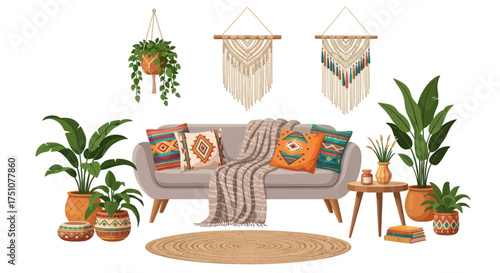 Cozy Bohemian Living Room Scene with Sofa Plants and Macrame Wall Hangings.