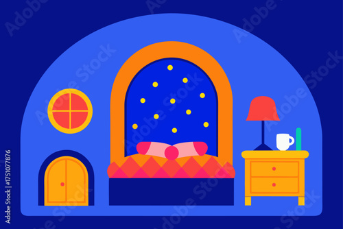 A bedroom interior with a bed and nightstand lamp on transparent background