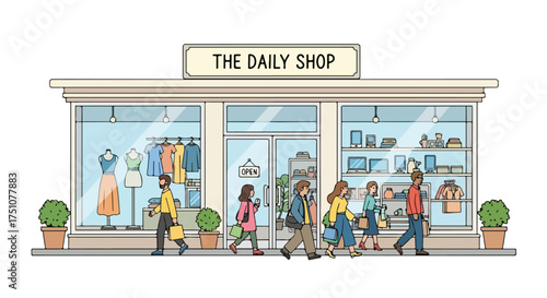 Depiction of people shopping in front of the general store called 'The Daily Shop' with various clothes and accessories on display