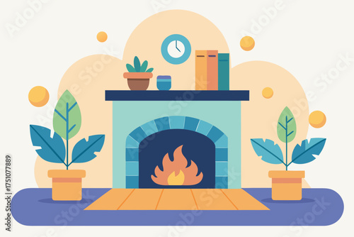 Illustration of a fireplace with plants and books on transparent background