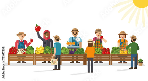 Vibrant cartoon farmers market scene with diverse vendors and customers buying fresh fruits and vegetables.
