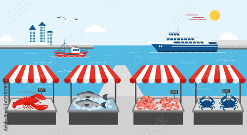 Vibrant Outdoor Seafood Market Stalls Displaying Fresh Lobster Fish Shrimp and Crabs.