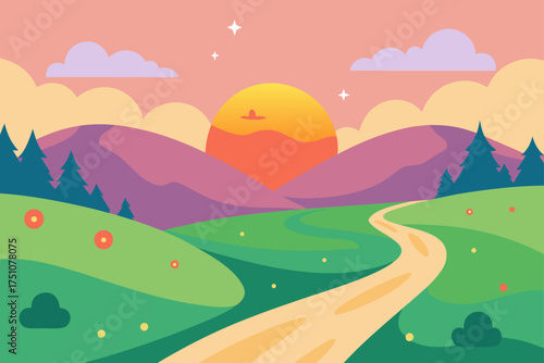 Cartoon landscape with mountains and a winding path on transparent background