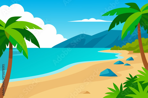 Tropical beach landscape with palm trees and ocean on transparent background