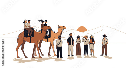 Vector illustration of a diverse group of tourists on a camel riding safari tour in the desert with a guide.