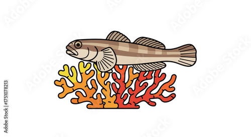Stylized Goby Fish Swimming Above Vibrant Coral Reef, Displaying Aquatic Ecosystem and Marine Life Depiction of Underwater