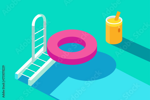 Isometric pool scene with ladder and drink object on transparent background
