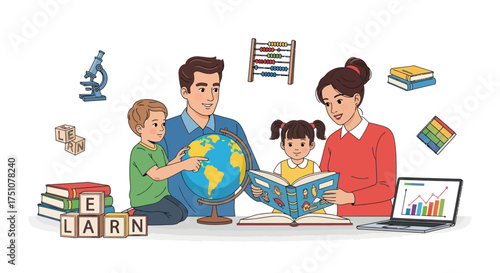 Happy Family Learning Together with Educational Tools Globe Books and Laptop Illustrating Homeschooling.