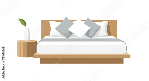 Modern Wooden Bed with Pillows and Nightstand.