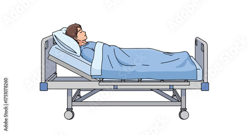 Illustration of a restful patient lying comfortably in a hospital bed recuperating from an illness or surgery