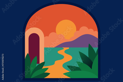 Window view of landscape with sun and mountain art on transparent background