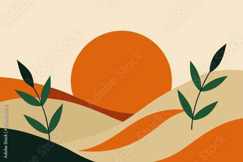 Minimalist landscape with sun and plants illustration on transparent background
