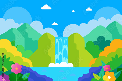 Waterfall landscape with mountains and flowers view on transparent background