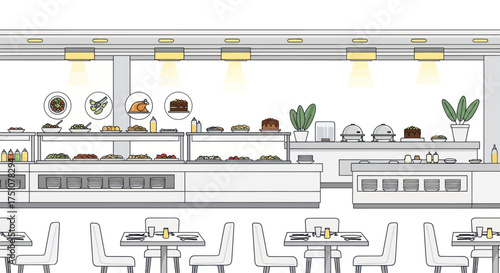 Modern Restaurant Interior with Buffet and Dining Area.