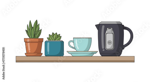 Shelf with Potted Plants Teacup and Electric Kettle.