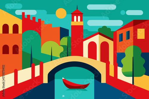 Colorful cityscape with bridge and boat illustration on transparent background