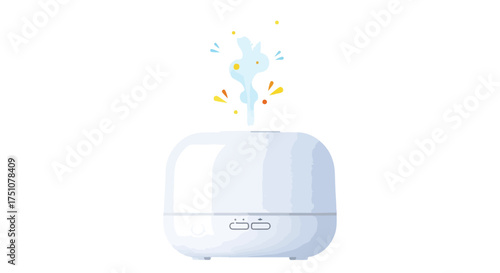 Humidifier illustration depicting steam releasing, designed for aromatherapy applications with a sleek and minimalistic aesthetic design