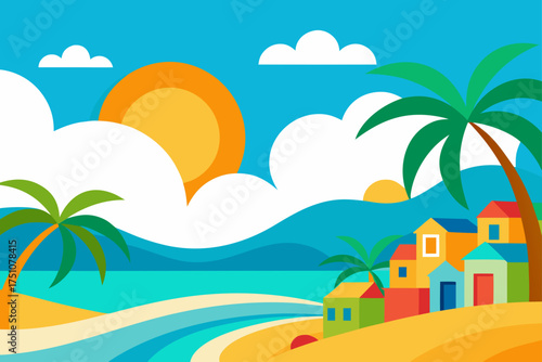 Vibrant tropical beach scene with colorful houses on transparent background