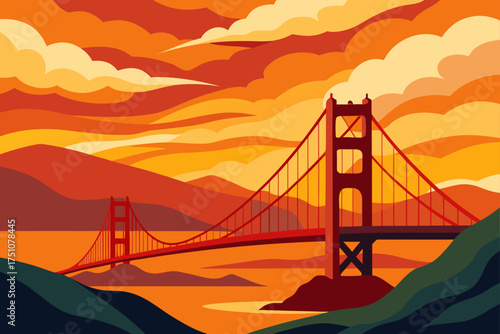 Golden gate bridge scenery with orange sky and hills on transparent background