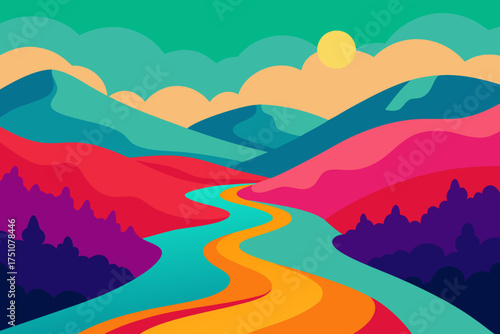 Vibrant landscape with river and mountains artwork on transparent background