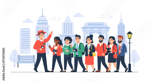 Diverse Group of Tourists Following a Tour Guide in a City.