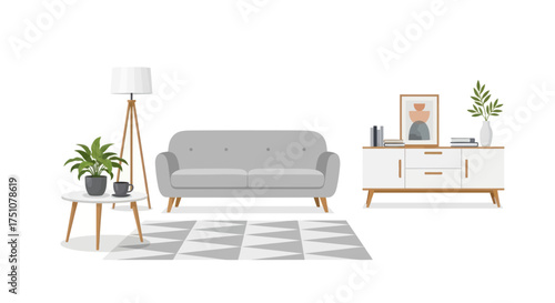 Modern living room interior scene with a grey sofa white sideboard and decorative plants.