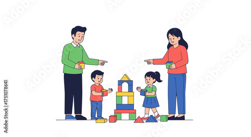 Family building colorful blocks together fostering creativity and bonding.