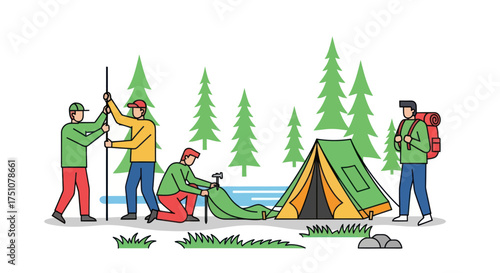 Group of people setting up a tent in a forest campsite.