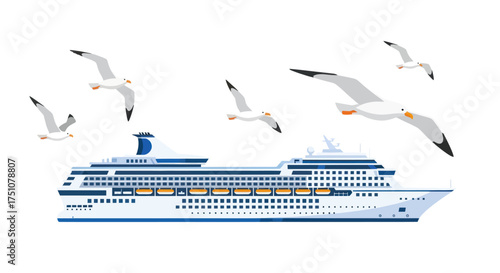 Cruise Ship with Seagulls: A Large Passenger Vessel at Sea.