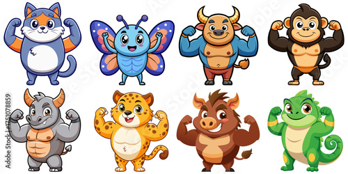 Set of cartoon animals posing proudly with muscles: Boar, buffalo, Bull, Butterfly , Cat , Chameleon , Cheetah , Chimpanzee
