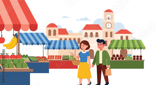 Couple shopping for fresh produce at a lively outdoor market.