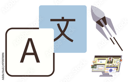 Language translation letters, rocket symbolizing growth, and digital interface highlight themes of global communication, innovation, learning, and tech adoption. Ideal for education, globalization