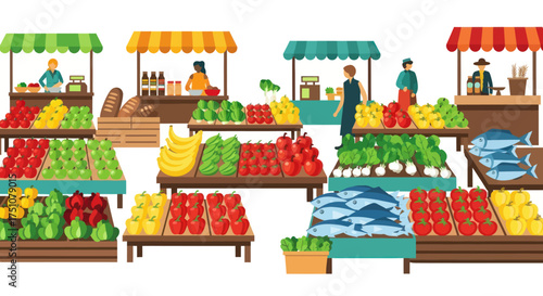 Bustling Outdoor Market Stalls Filled with Fresh Produce and Seafood.